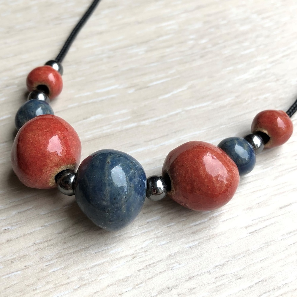 Rust Colored And Blue Statement Ceramic Necklace - image 1